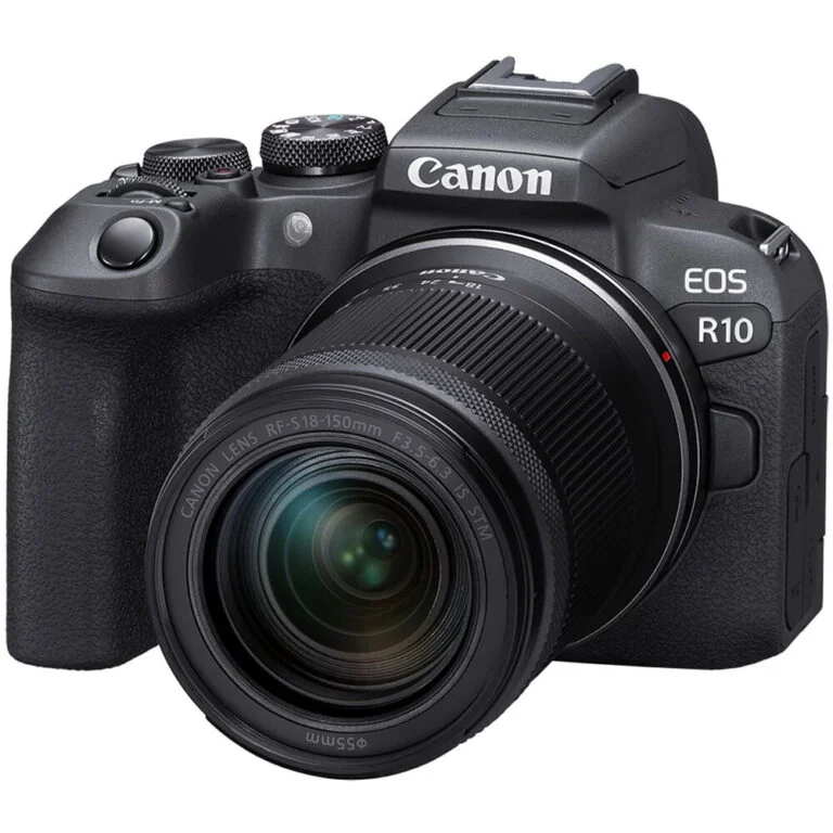 Canon EOS R10 mirrorless camera with 18-150mm lens, available at Camix UK.
