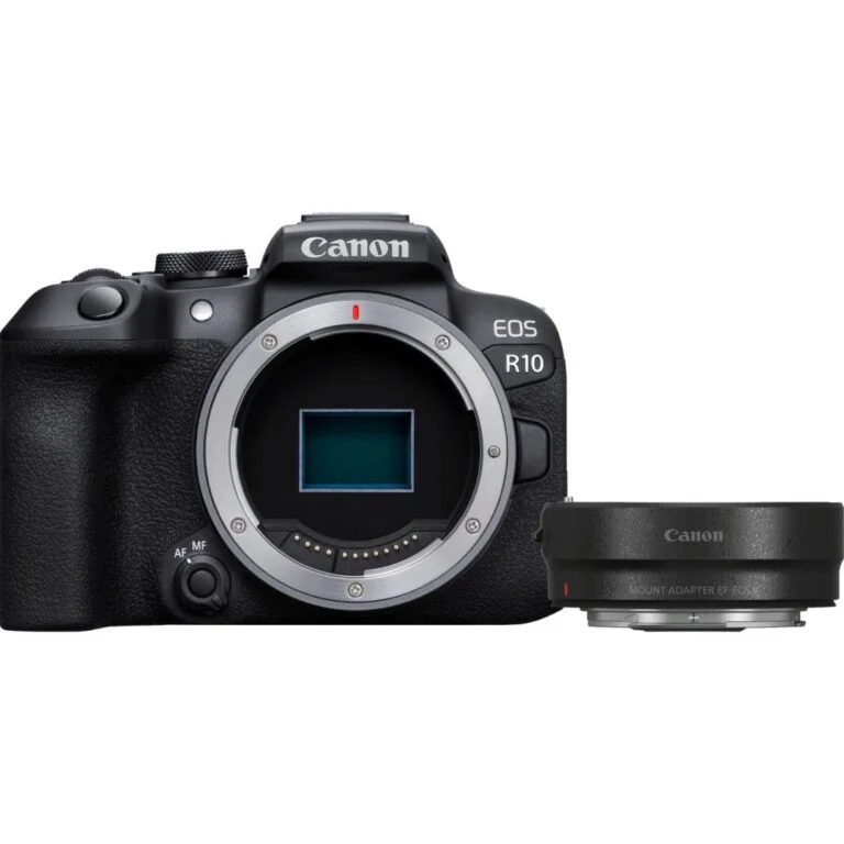 Canon EOS R10 camera with EOS R adapter, ideal for photography enthusiasts.