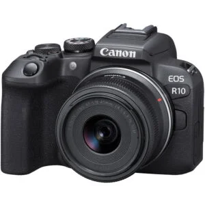 Canon EOS R10 with RF-S 18-45mm lens, ideal for photography enthusiasts.