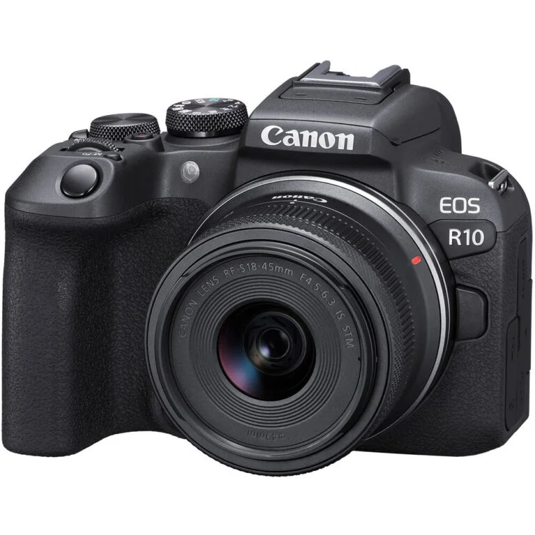 Canon EOS R10 with RF-S 18-45mm lens, ideal for photography enthusiasts.