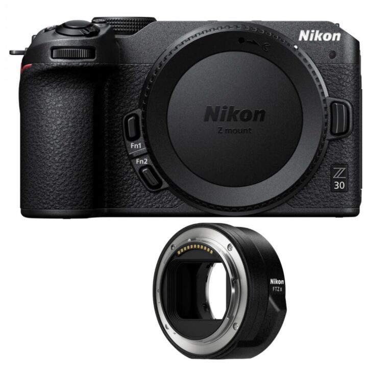 Nikon Z30 camera body with FTZ II adapter, ideal for mirrorless photography.