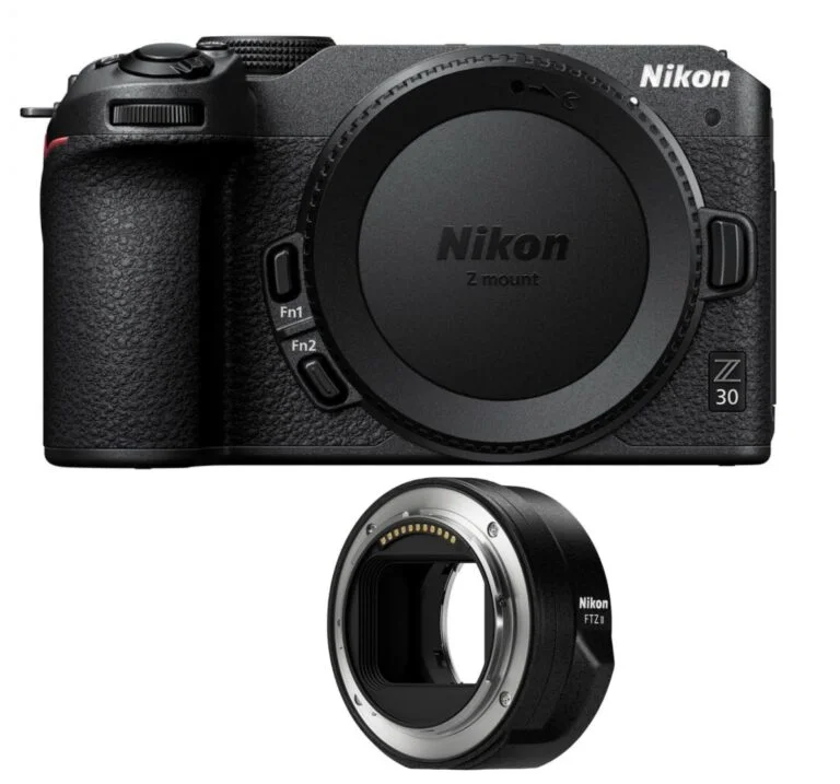 Nikon Z30 camera body with FTZ II adapter, ideal for mirrorless photography.