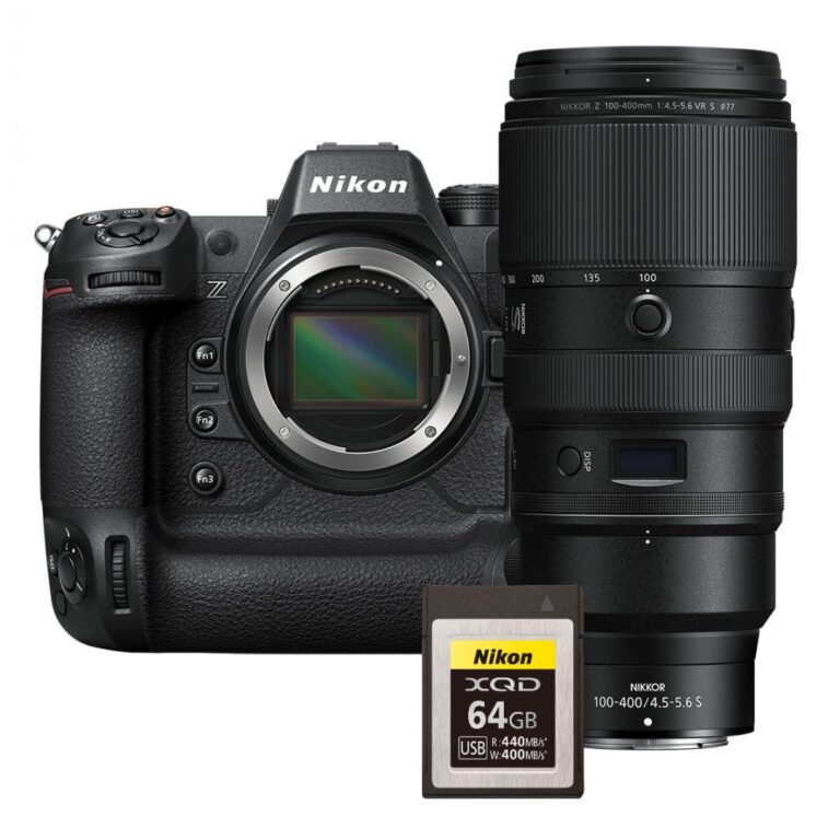 Nikon Z9 camera with Z 100-400mm lens and XQD card, available at Camix UK.