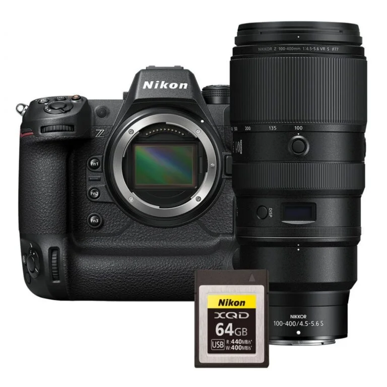 Nikon Z9 camera with Z 100-400mm lens and XQD card, available at Camix UK.