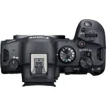 Top view of Canon R6 Mark II camera body with control dials and hot shoe.