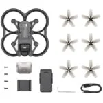 DJI Avata FPV Drone with accessories including propellers and charger.