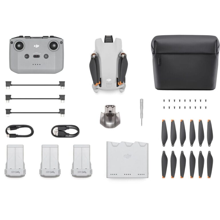 DJI Mini 3 Fly More Combo with drone, controller, batteries, propellers, and accessories.