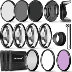 Neewer 77MM lens filter set with various filters and accessories for photography.