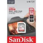 SanDisk 128GB Ultra SDXC UHS-I memory card with 140MB/s speed for cameras.