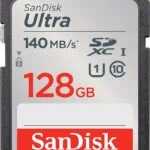 SanDisk 128GB Ultra SDXC UHS-I memory card, 140MB/s speed, ideal for cameras and photography gear.