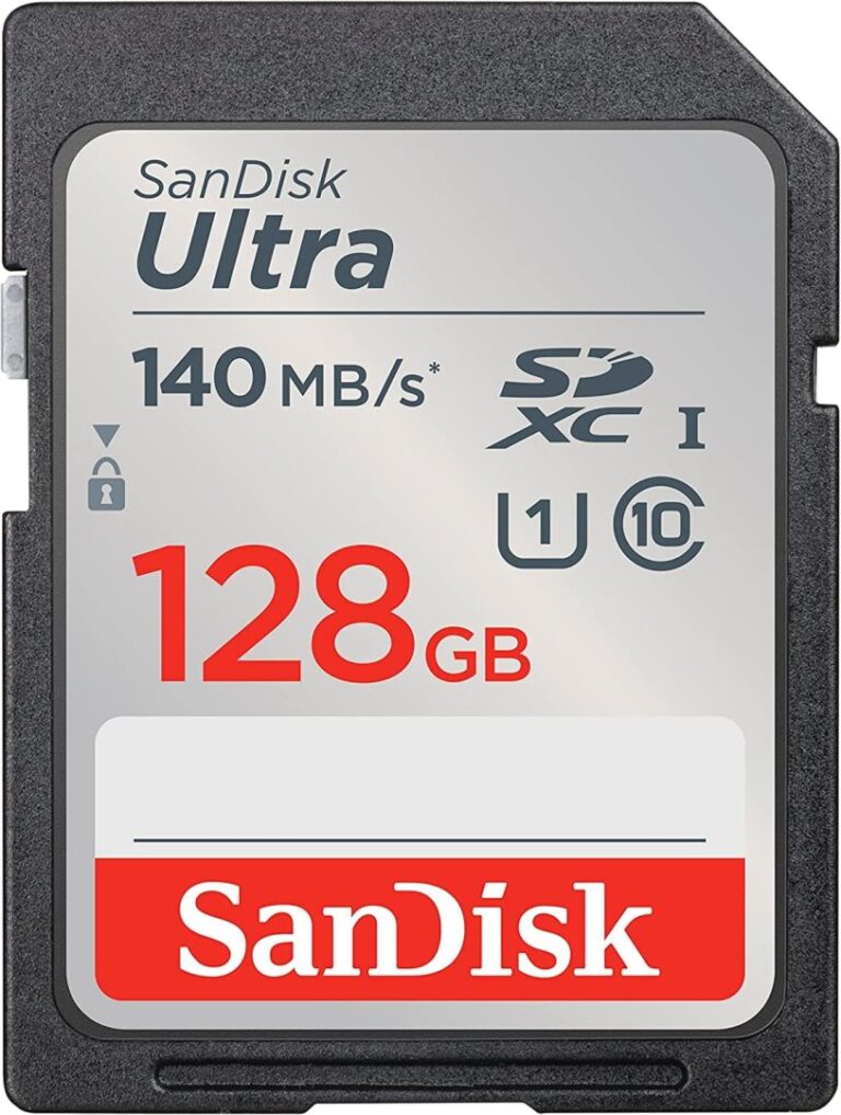 SanDisk 128GB Ultra SDXC UHS-I memory card, 140MB/s speed, ideal for cameras and photography gear.