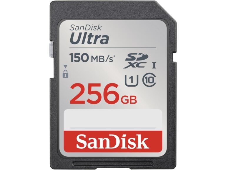 SanDisk 256GB Ultra SDXC card with 150 MB/s speed for cameras and photography gear.