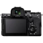 Back view of Sony A7R V mirrorless camera body with LCD screen and controls.