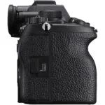 Side view of Sony A7R V camera body, showcasing grip and controls.