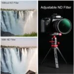 Canon camera with adjustable ND filter on tripod, showcasing waterfall photography effects.