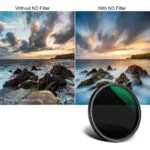 Comparison of landscape photos with and without ND filter, showcasing dramatic sky and ocean views.