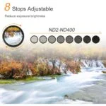 Adjustable ND filter for cameras, reduces exposure brightness, ideal for photography gear.