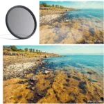 Comparison of landscape photos with and without a CPL filter, enhancing colors and reducing reflections.