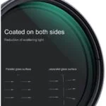 Coated lens filter reducing light scattering, ideal for photography equipment.