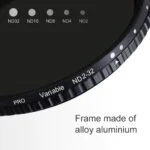 Variable ND filter with alloy aluminum frame, ND2 to ND32 range.