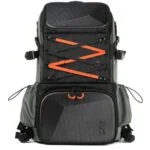 Durable black and orange camera backpack with multiple compartments for photography gear.