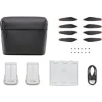 DJI drone accessories including propellers, batteries, and carrying case.