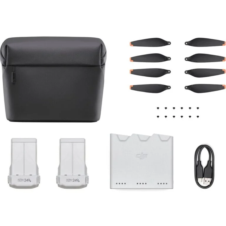 DJI drone accessories including propellers, batteries, and carrying case.