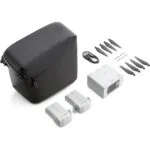 DJI drone accessories including batteries, propellers, and carrying bag.