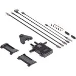 Photography equipment including cables, mounts, and connectors for camera setup.