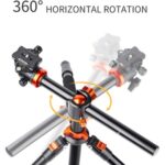 360-degree rotating camera tripod with adjustable legs and orange accents.