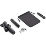 DJI Osmo gimbal with accessories including tripod, pouch, and cable.