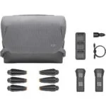 DJI drone accessories including bag, propellers, batteries, and charger.