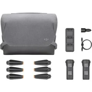 DJI drone accessories including bag, propellers, batteries, and charger.