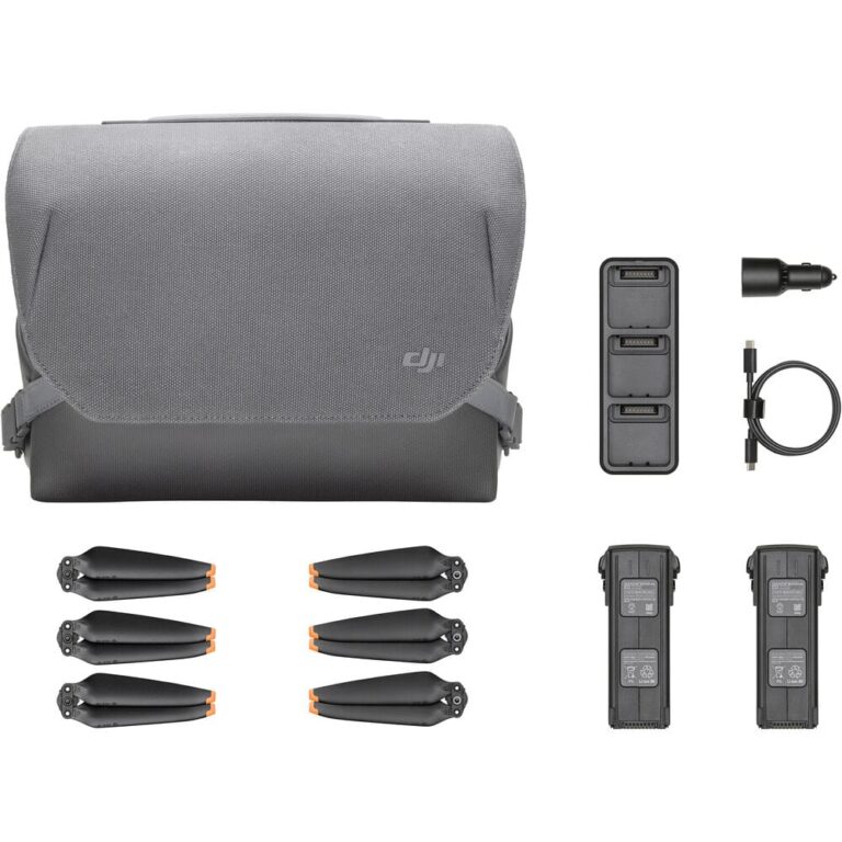 DJI drone accessories including bag, propellers, batteries, and charger.