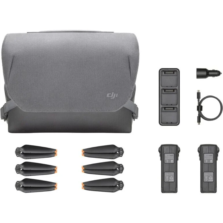 DJI drone accessories including bag, propellers, batteries, and charger.