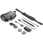 DJI drone accessories including goggles, battery, and cables on a white background.