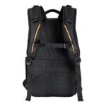 Black camera backpack with orange accents and adjustable straps, ideal for photography gear.