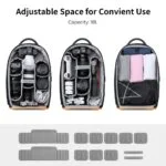 Camera backpack with adjustable compartments for lenses and accessories.