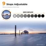 Adjustable ND filter for cameras, 9 stops, reduces exposure brightness, photography gear.