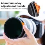 Close-up of a camera lens with aluminum alloy adjustment buckle.