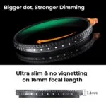 Ultra slim ND400 filter with strong dimming for 16mm lenses, ideal for photography gear.