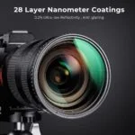 Close-up of a camera lens with 28 layer nanometer coatings, highlighting anti-glare and low reflectivity features.