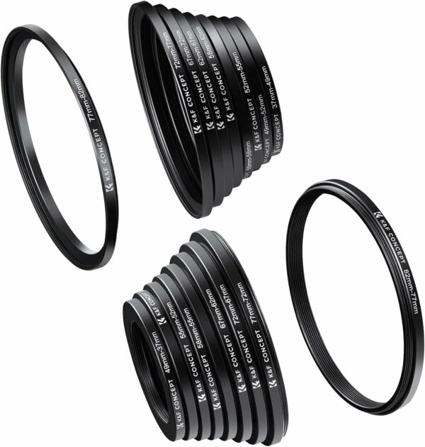 K&F Concept 18 Pieces Filter Step Ring Adapter Set 9x Step Up Ring Set + 9x Step Down Ring Set