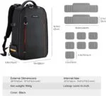 Black camera backpack with customizable dividers, ideal for photography gear and accessories.