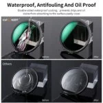 K&F Concept 58mm Variable ND Filter showing waterproof and antifouling features.