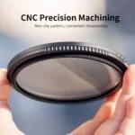 58mm variable neutral density camera lens filter held in hand.