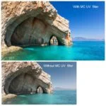Comparison of coastal rock arch with and without MC UV filter, showcasing photography equipment effects.