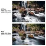 Comparison of waterfall photos with and without ND32-512 filter, showcasing smooth water effect.