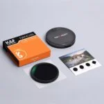 K&F Concept camera lens filter with packaging and brochure on display.