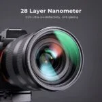 Close-up of a camera lens with 28 layer nanometer coating for reduced glare.